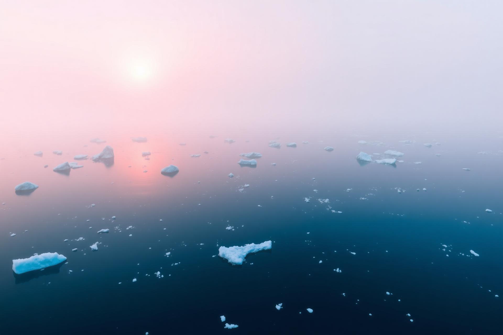 Côte est du Groenland, brume rose et icebergs sur mer azur